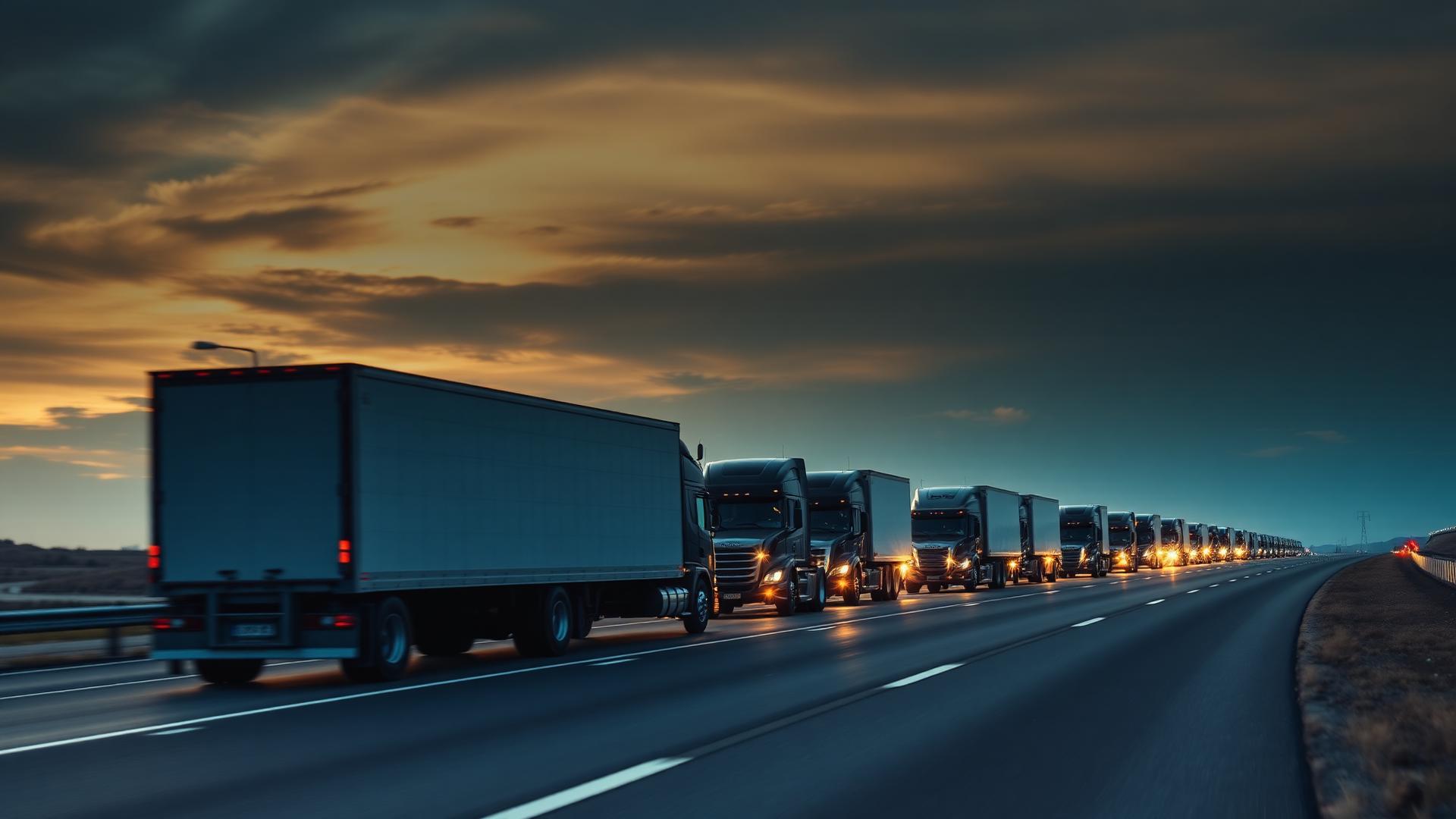 Fleet of semi-trucks on highway at dusk